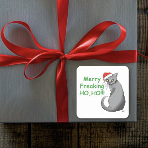 Funny Grumpy Christmas Grey Cat Holiday Humour Square Sticker