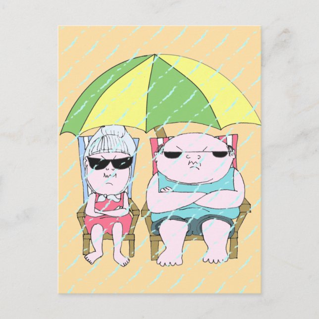 Funny Grumpy Couple at the Beach in Rain Art Postcard (Front)