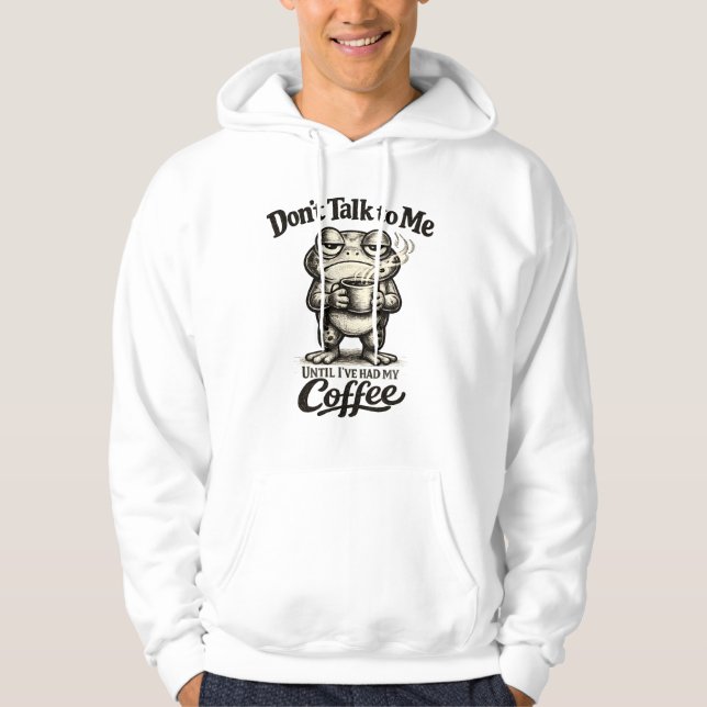 Funny Grumpy Frog Drinking Coffee Hoodie (Front)