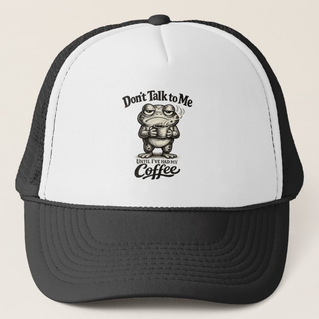 Funny Grumpy Frog Drinking Coffee Trucker Hat (Front)