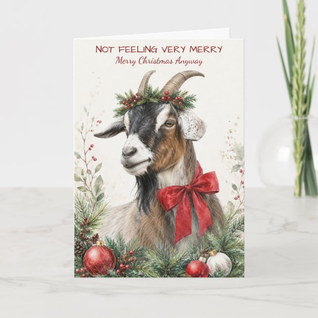 Funny Grumpy Goat Christmas Watercolor Holiday Card (Front)