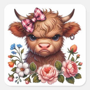 Funny Grumpy Highland cow Floral Square Sticker