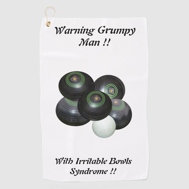 Funny Grumpy Man At Lawn Bowls Design,   Golf Towel (Front)