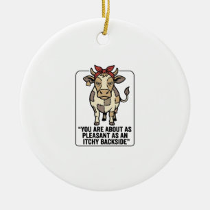 Funny Grumpy Patchwork Cow Vintage T-Shirt Design_ Ceramic Tree Decoration