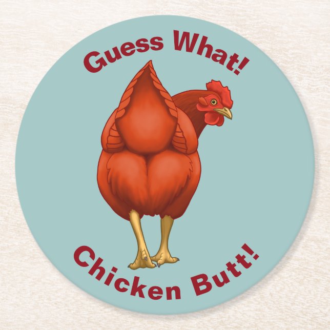 Funny Guess What Chicken Butt Red Hen Round Paper Coaster (Front)