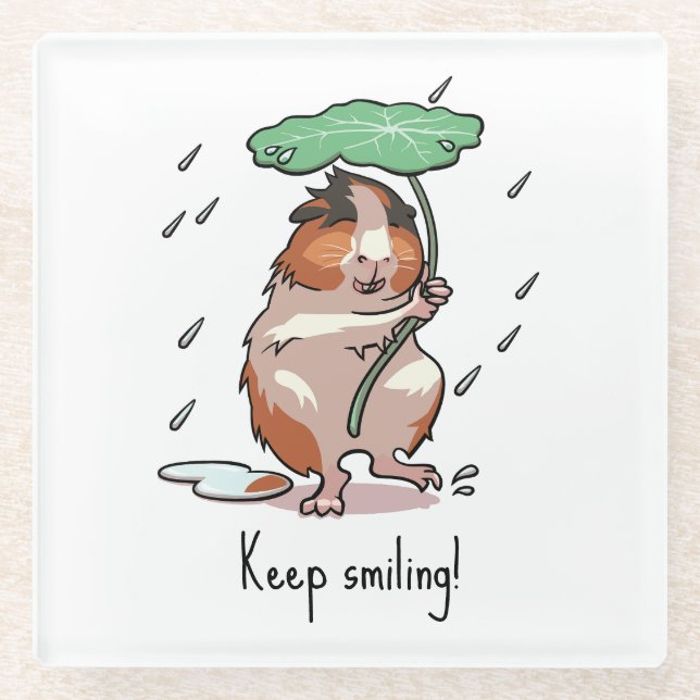 Funny Guinea Pig Keep Smiling Rain Dancing Cartoon Glass Coaster (Front)