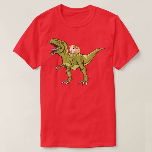 Funny Guinea Pig Riding T Rex Dinosaur T-Shirt (Design Front)