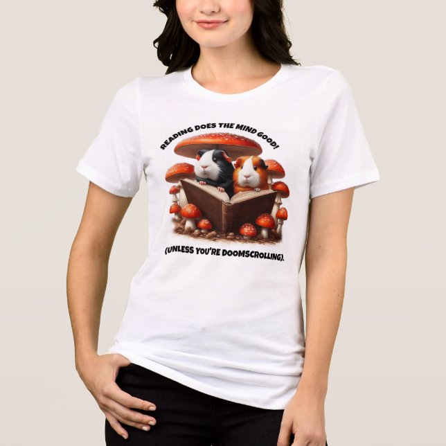 Funny Guinea Pigs Reading Under Red Mushrooms Tri-Blend Shirt (Front)