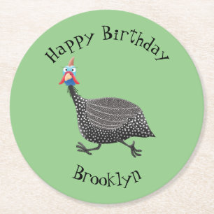 Funny Guineafowl bird cartoon illustration Round Paper Coaster