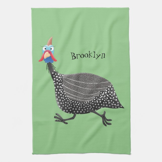 Funny Guineafowl bird cartoon illustration Tea Towel (Vertical)