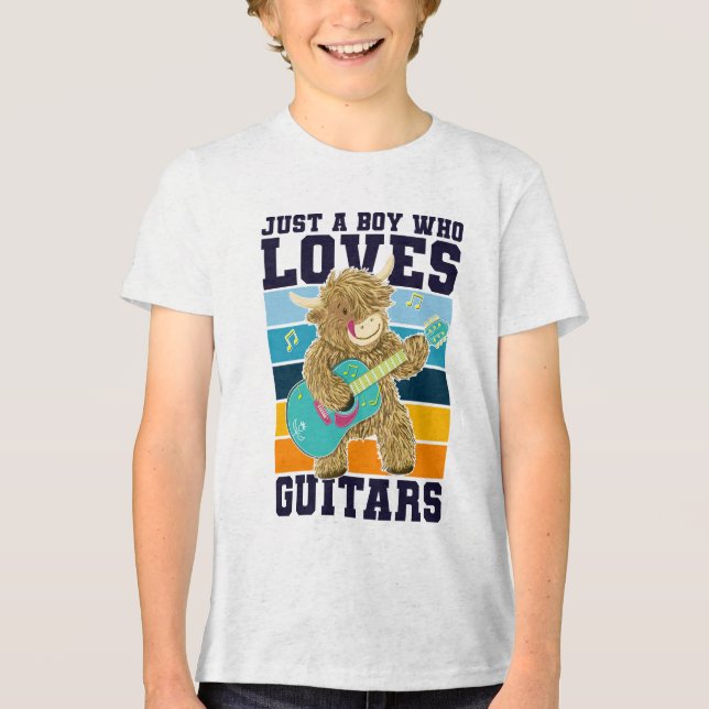 Funny Guitar Player Scottish Highland Cow Tri-Blend Shirt (Front)