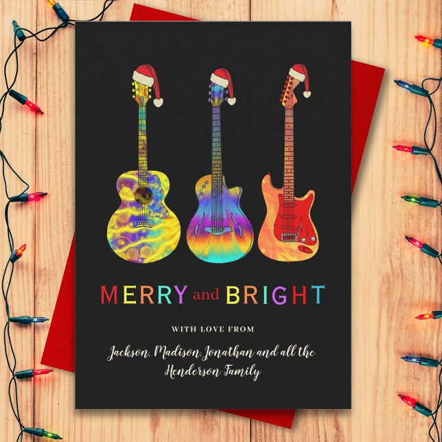 Funny Guitar Santa Merry and Bright Christmas  Holiday Card (Rock and roll Christmas guitars wearing Santa hats merry and bright budget holiday greetings card)