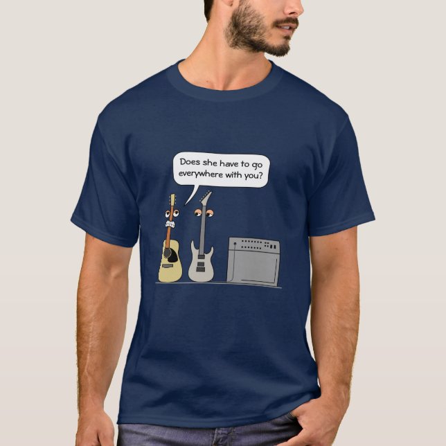 Funny Guitar Third Wheel Cartoon Scene T-Shirt (Front)