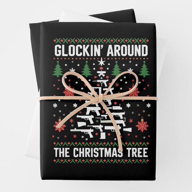 Funny Guns Ugly Christmas Sweaters for Gun Lovers  Wrapping Paper Sheet (In situ)