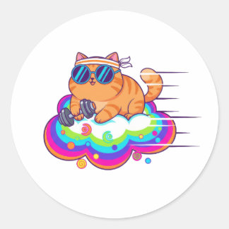 Funny Gym Cat Lifting Dumbbell on Rainbow Cloud Classic Round Sticker