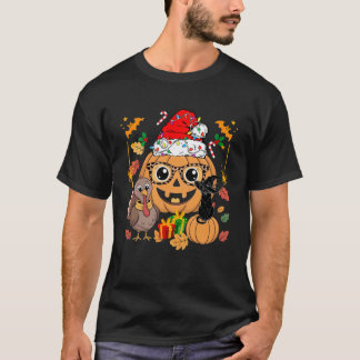 Funny HalloThanksmas Pumpkin Turkey Black Cat with T-Shirt