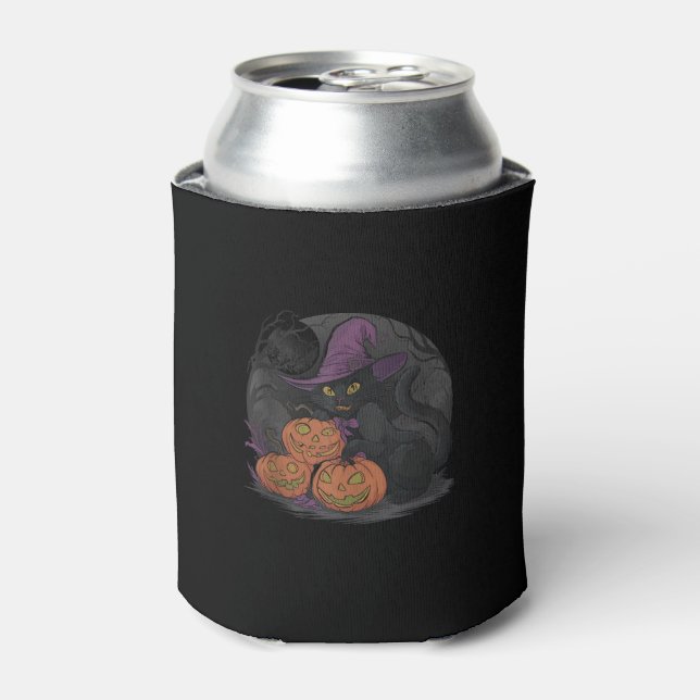 Funny Halloween And Black Cat On Pumpkin _2 Can Cooler (Can Front)
