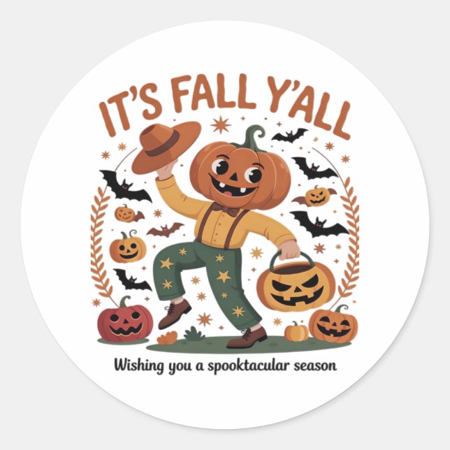 Funny Halloween Autumn Cute It’s Fall Y’all Pumpki Classic Round Sticker (Front)