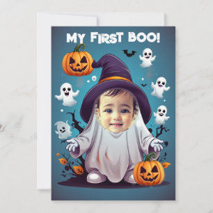 Funny Halloween baby ghost put face in the hole Invitation