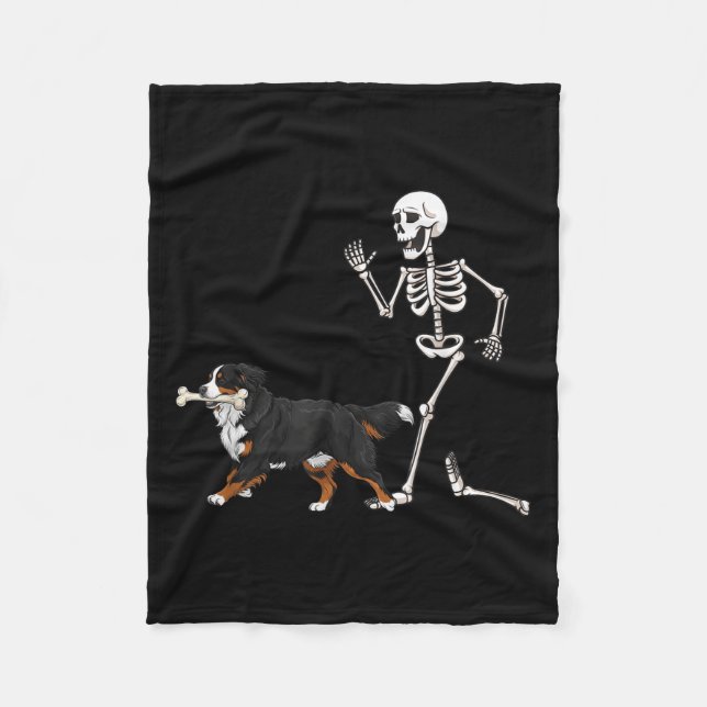 Funny Halloween Bernese Mountain Dog And Skeleton  Fleece Blanket (Front)