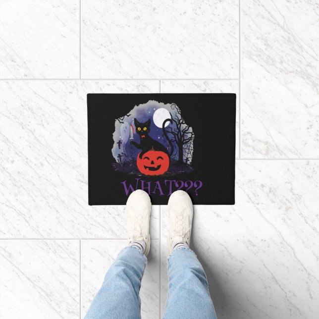 Funny Halloween Bewitched Black Cat What? Doormat (Indoor)
