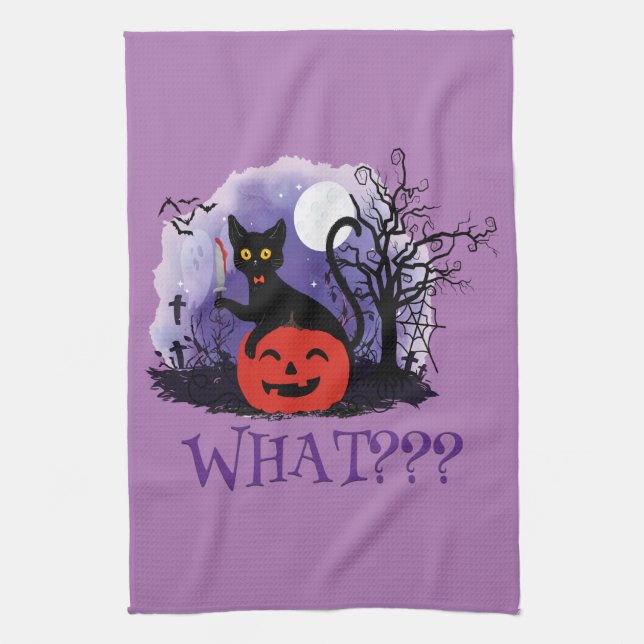 Funny Halloween Bewitched Black Cat What? Tea Towel (Vertical)