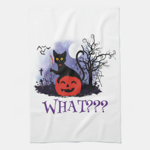 Funny Halloween Bewitched Black Cat What? Tea Towel