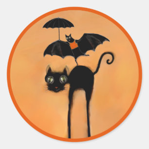 Funny Halloween Black Cat and Bat Classic Round Sticker