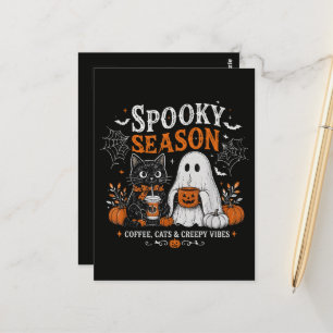 Funny Halloween Black Cat and Ghost Coffee Lover Postcard