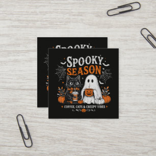 Funny Halloween Black Cat and Ghost Coffee Lover Square Business Card