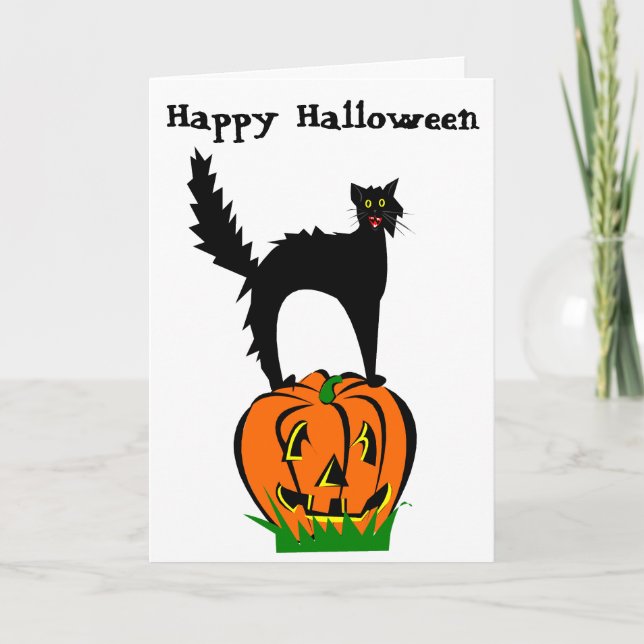 Funny Halloween Black Cat and Pumpkin Card (Front)