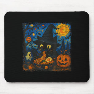 Funny Halloween Black Cat Eating Ramen Starry Nigh Mouse Pad