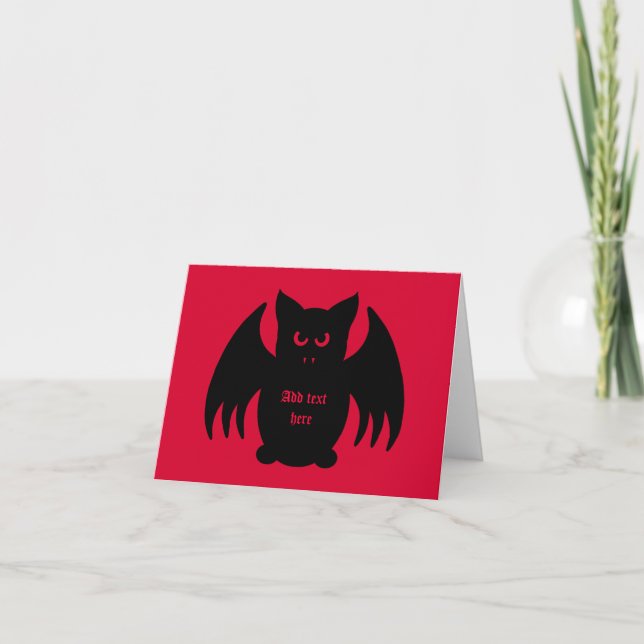 Funny Halloween black vampire bat on dark red Card (Front)
