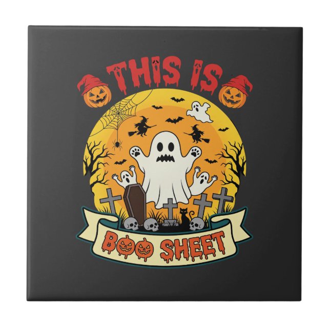Funny Halloween Boo Sheet Ghost Graveyard Tile (Front)