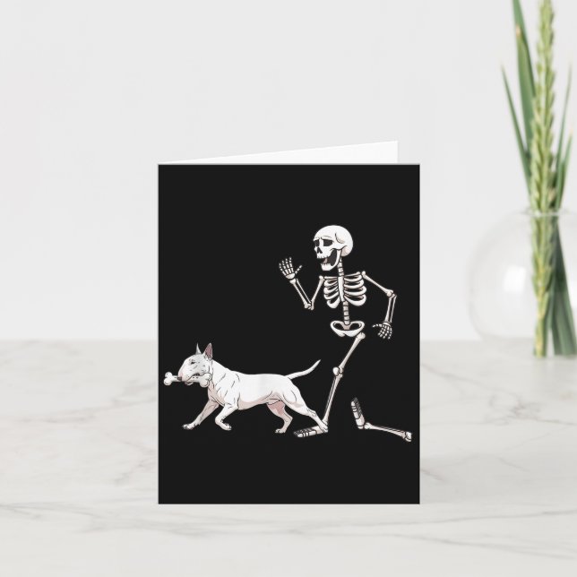 Funny Halloween Bull Terrier And Skeleton  Card (Front)