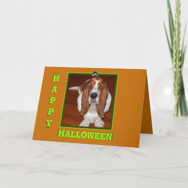 Funny Halloween Card Card w/Basset in Pumpkin Hat (Front)