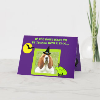 Funny Halloween Card w/Cute Basset, Bats & Frogs