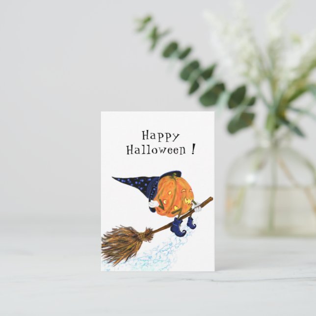 Funny Halloween Card Witch Pumpkin Flying (Standing Front)