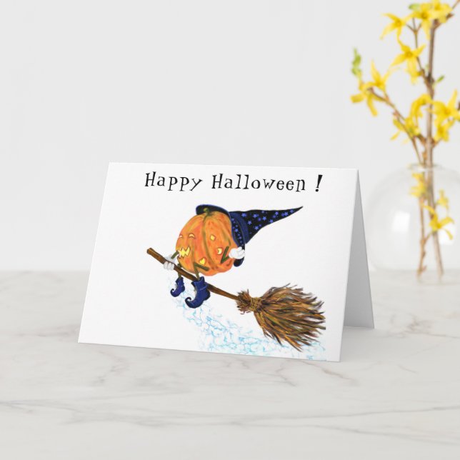 Funny Halloween Card Witch Pumpkin Flying Broom (Yellow Flower)