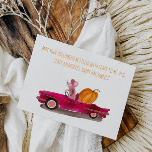 Funny Halloween Cartoon Mouse Delivering Pumpkin Postcard