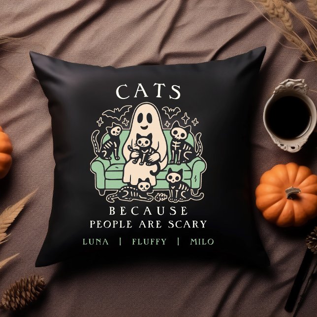 Funny Halloween Cat and Ghost Throw Pillow (Cats Because People Are Scary Funny Throw Pillow with Cats and Ghost with custom names)