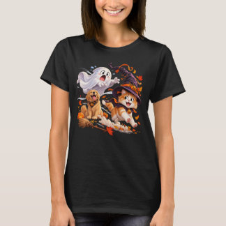 Funny Halloween Cat Chases Witch Hat Ghost Dog Art T-Shirt