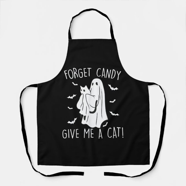 Funny Halloween Cat Ghost Forget Candy Give Me Cat Apron (Front)