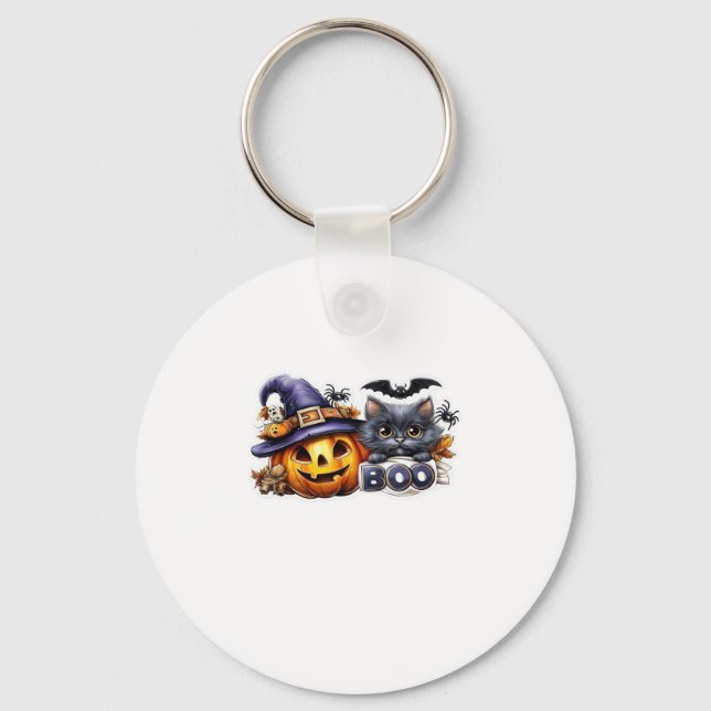 Funny Halloween Cat Sticker � Witch Hat, Pumpkin a Key Ring (Front)