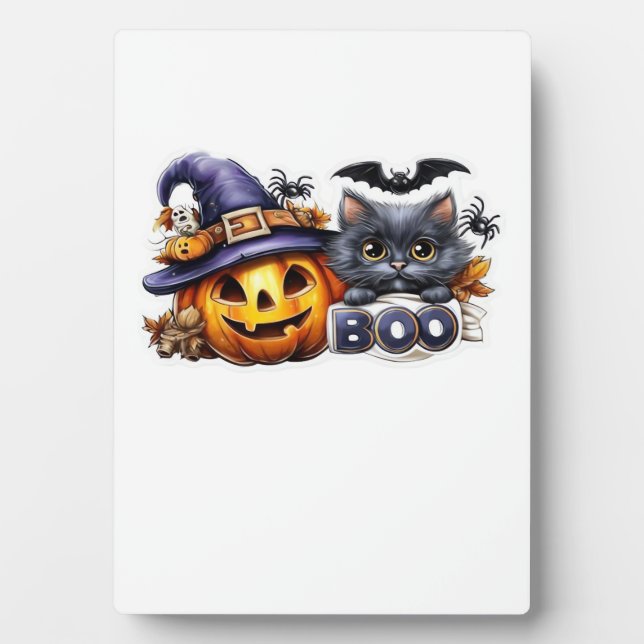 Funny Halloween Cat Sticker – Witch Hat, Pumpkin a Plaque (Front)