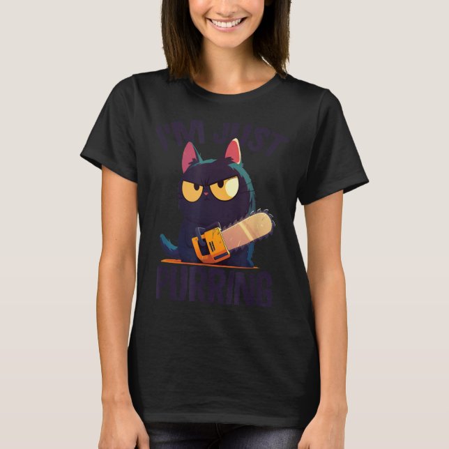 Funny Halloween Cat With Chainsaw Murderous Black T-Shirt (Front)