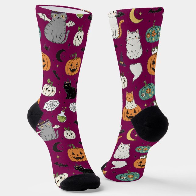 Funny Halloween Cats and Pumpkins  Socks (Angled)