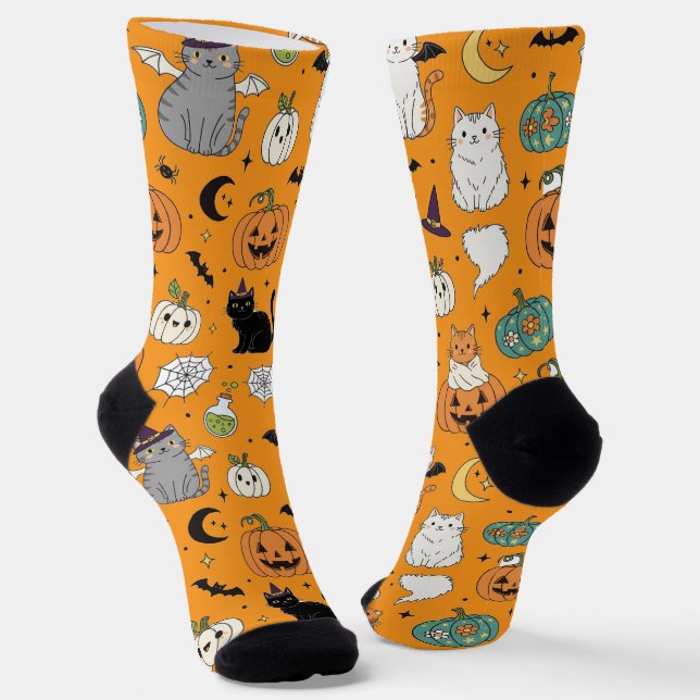 Funny Halloween Cats and Pumpkins  Socks (Angled)