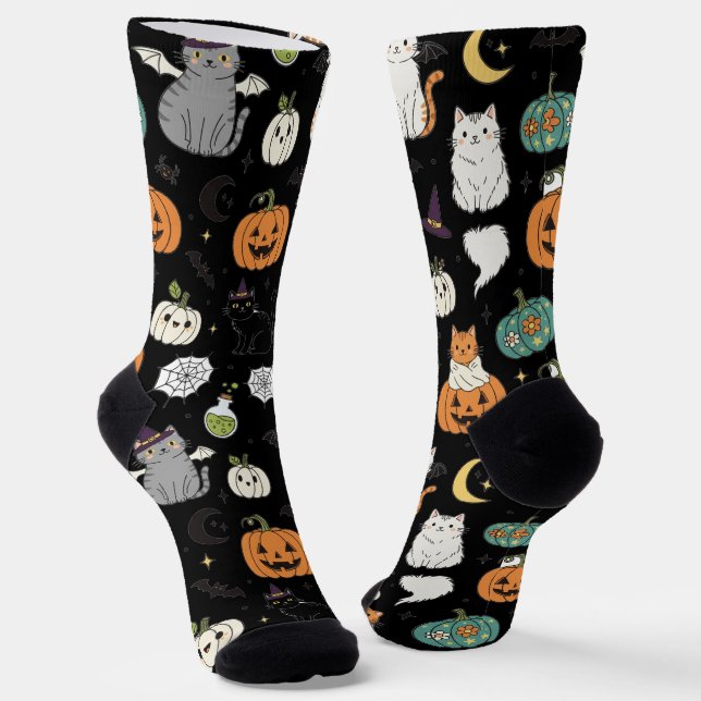 Funny Halloween Cats and Pumpkins  Socks (Angled)