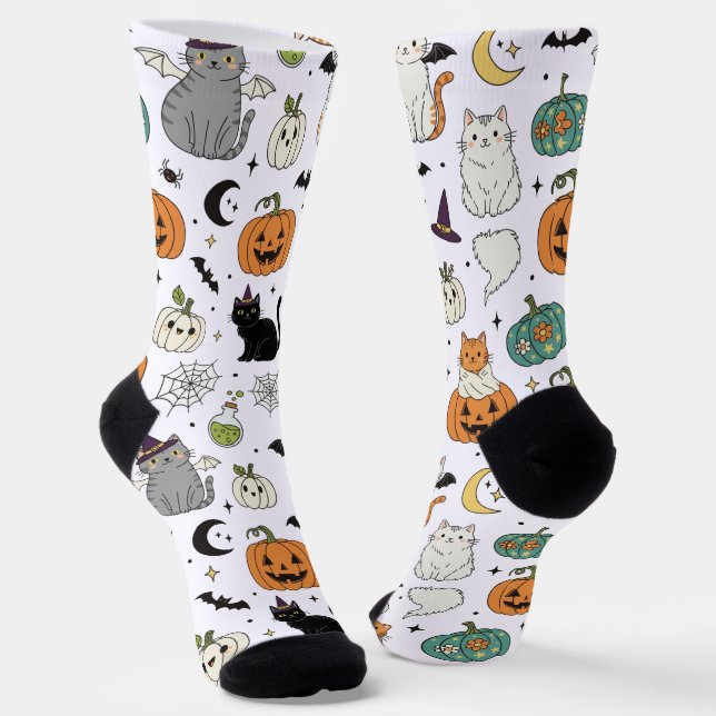 Funny Halloween Cats and Pumpkins  Socks (Angled)